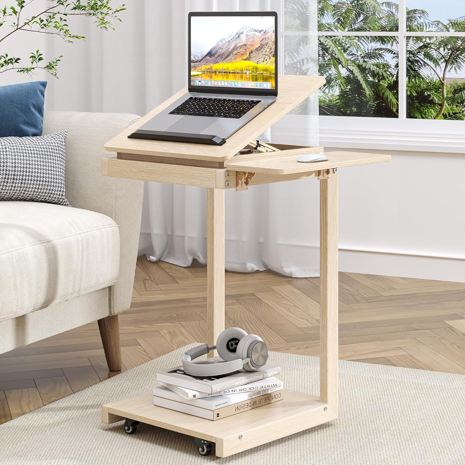 C Shaped End Table, Rolling Side Table with 4-Way Convertible Desktop, Wooden C Table with Multi-Functional Folding Tray &Lockable Wheels, Living Room,Bedroom,White Oak