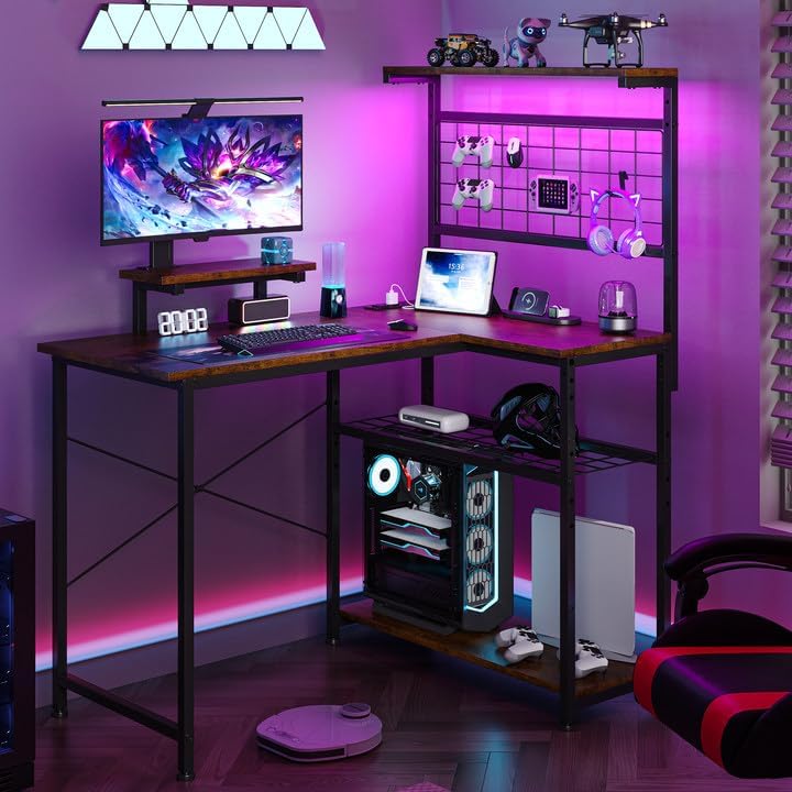 L Shaped Gaming Desk, Reversible Computer Desk with 4-Tier Shelves, Corner Desk with Pegboard, Home Office Desk with LED Lights & Power Outlets Gaming Desk with Storage, Rustic Brown