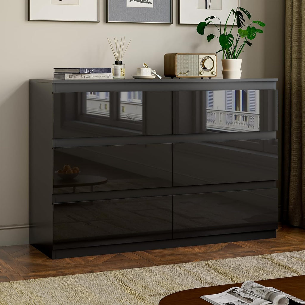 Black Wood Dresser for Bedroom, 6 Drawer Dressers for Clothes Storage, Modern Dresser with Wide Drawers, Wide Wooden Chest Drawers for Living Room, Entryway, TV Stand(47" W x15.4 Dx32.3 H)