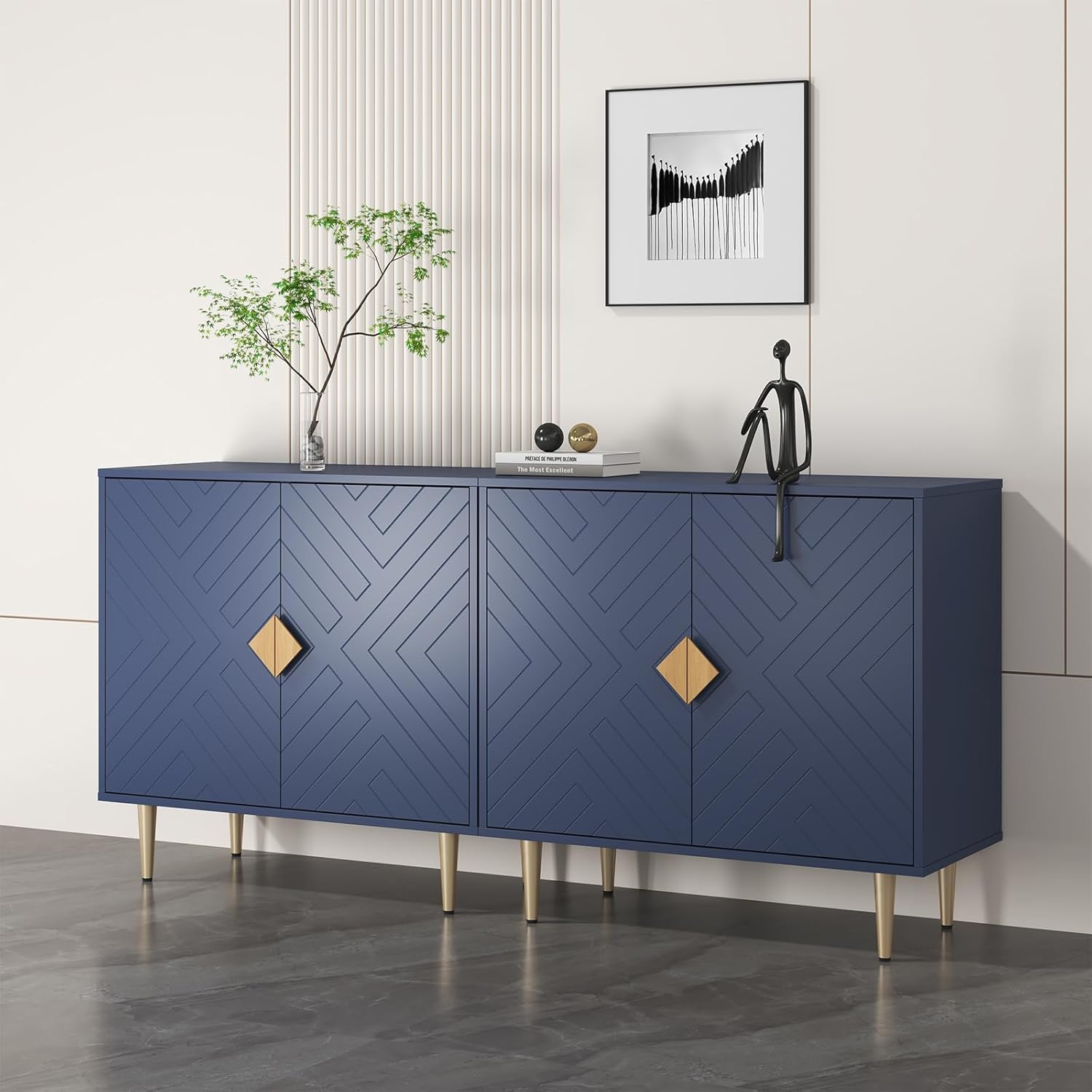 Sideboard Cabinet, 63'' Modern Buffet Cabinet with Storage Set of 2, Credenza with 4 Doors and Adjustable Shelves, Sideboard for Living Room, Kitchen and Entryway, Blue