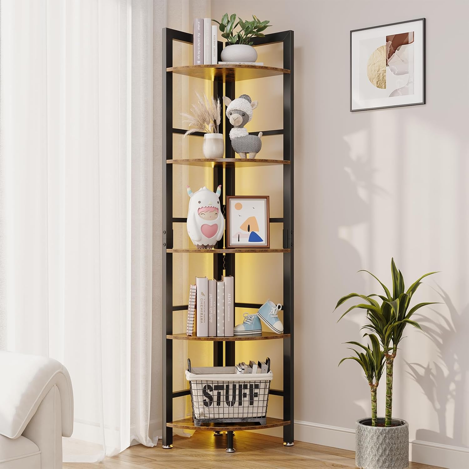 5-Tier Corner Shelf Stand with LED Light, 70 Inch Tall Display Shelf for Living Room, Bedroom, Bookshelf, Industrial Shelf with Steel Frame, Plant Shelf (Brown)