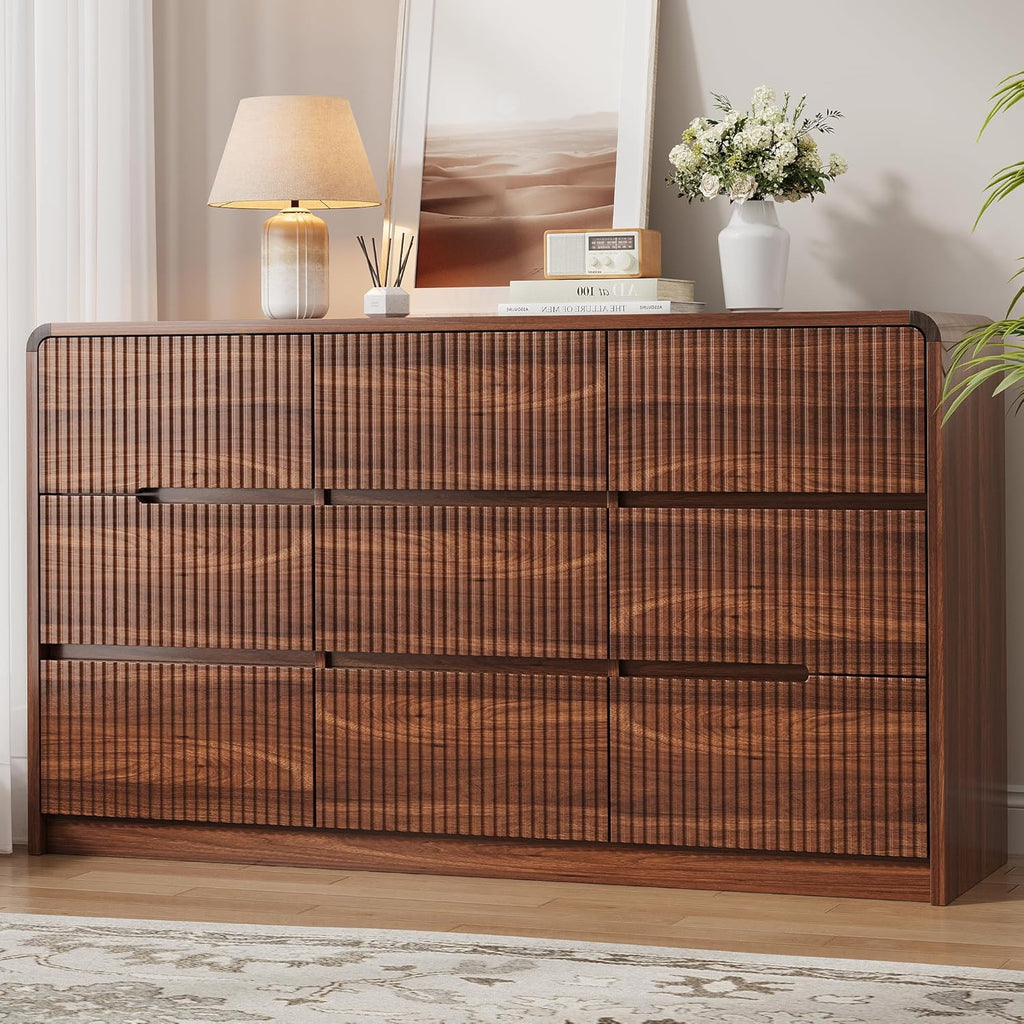 Fluted Dresser for Bedroom, 9 Drawer Dressers for Closet 55" Wide Large Wood Dresser Modern TV Stand, Wooden Clothes Storage Organizer Chest of Drawers for Living Room Hallway Entryway