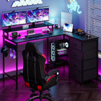L Shaped Gaming Desk with 4 Drawers, 51" Reversible Computer Desk with Monitor Stand, Home Office Table with USB Port&LED Lights, L Shape Corner Office Desk with Open Shelves&Hooks, Black
