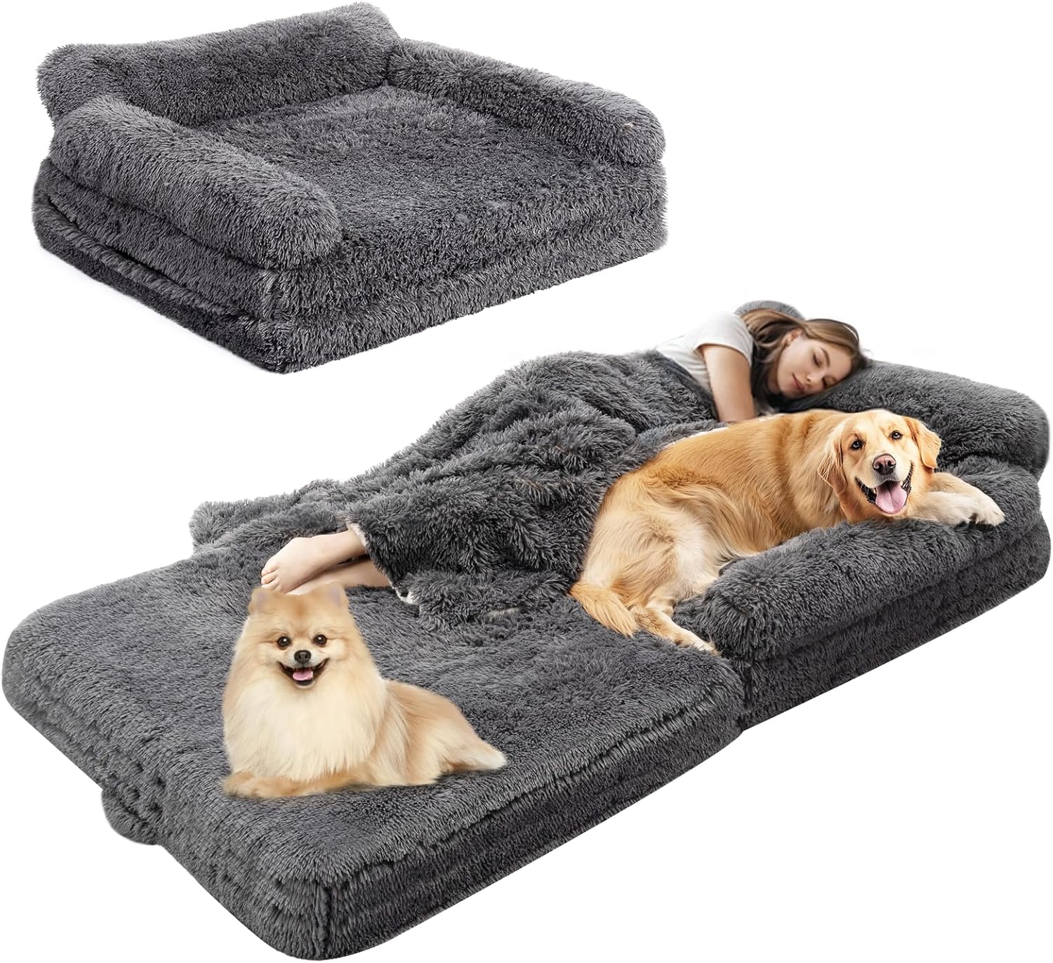 79" Foldable Human Dog Bed for Adults, Fluffy Faux Fur with Blanket, Orthopedic Washable Dog Bed with Memory Foam and Water Repellent Liner Extra Large Thick for Pet (Grey)