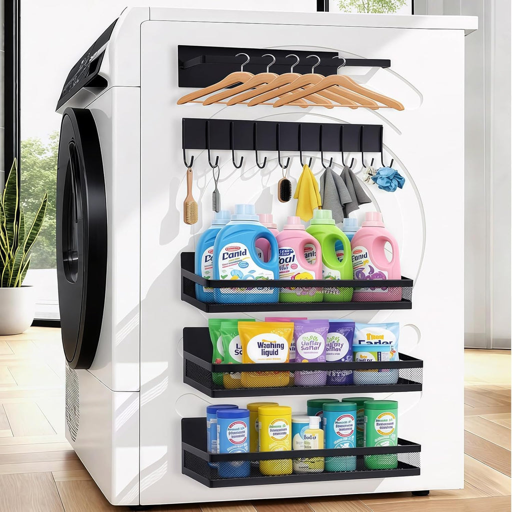 5 Pack Magnetic Shelves for Fridge and Washing Machine, Magnetic Laundry Organizer, Magnetic Spice Rack for Refrigerator with Versatile Hooks, Paper Towel Holder and Metal Storage Baskets