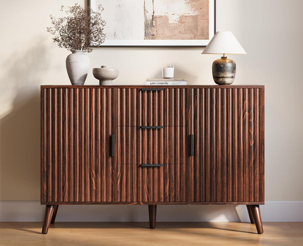 47" Walnut Sideboard Buffet Cabinet with 3 Drawers, Fluted Modern Buffet Cabinet with Storage, 2 Doors Sideboard Cabinets Accent Credenza for Dining Room|Living Room|Entryway