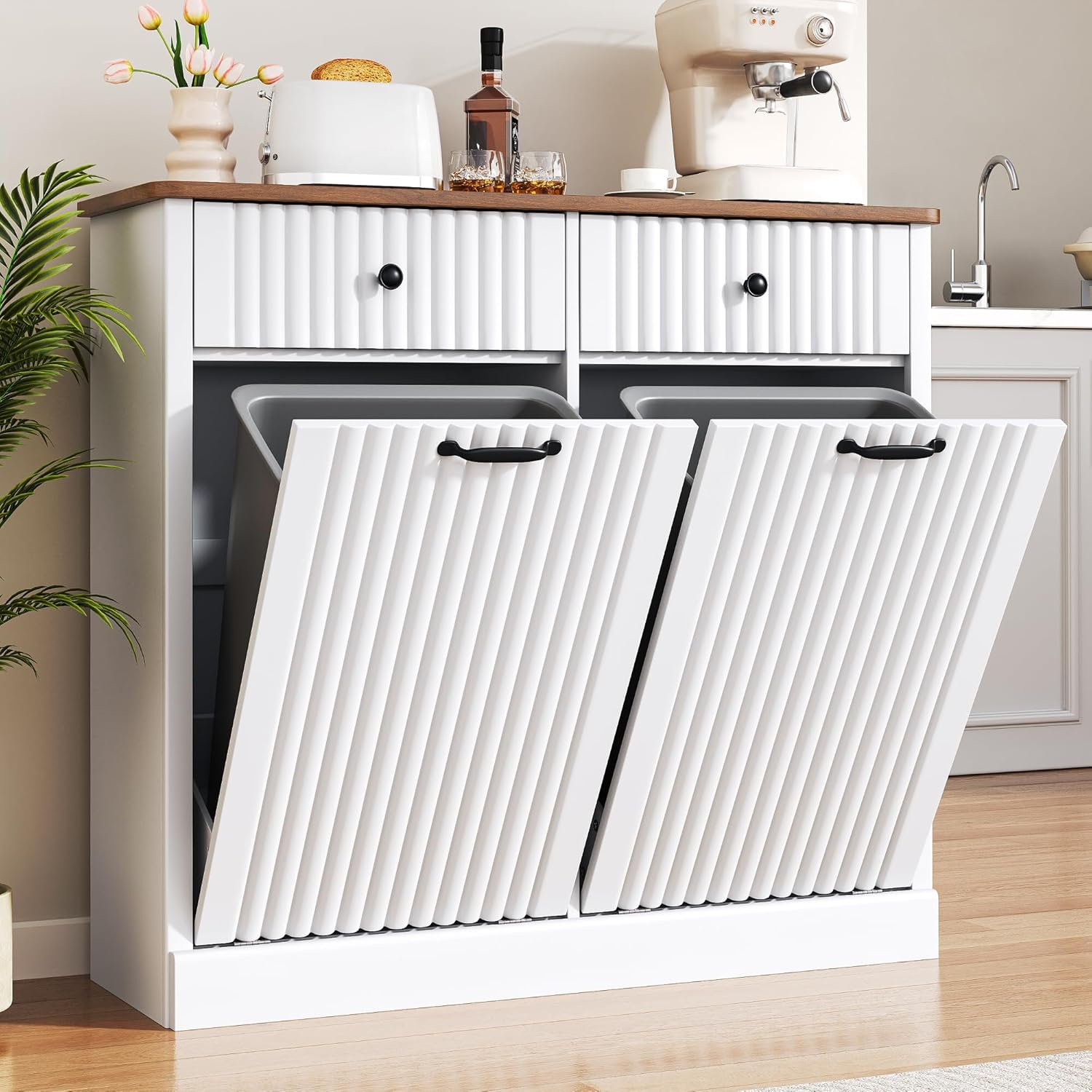 Double Tilt Out Trash Can Cabinet 20 Gallon Large Wooden, Free Standing Laundry Sorter with 2 Hideaway Drawer, 2 Doors Recycling Trash Can Storage for Kitchen (White, 20 Gallon)