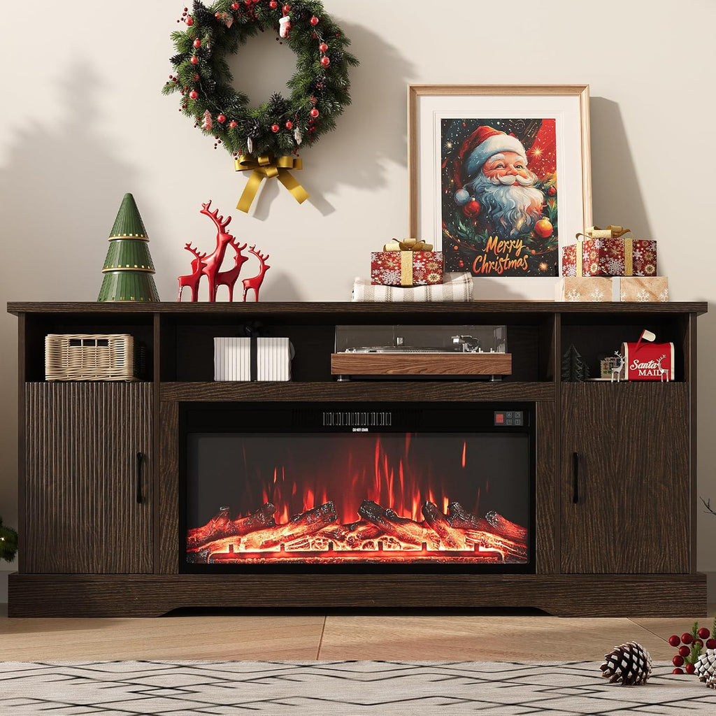 70 inch Fireplace TV Stand for Living Room, Electric Fireplace TV Stand with 12 Colors of 3D Flame & Heating, Entertainment Center with Storage Cabinet (Brown, Wavecrest)