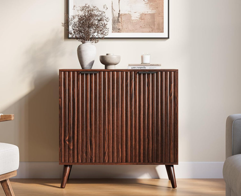 Fluted Sideboard Buffet Cabinet with Storage, Modern Sideboard Cabinet for Dining Room, Accent Credenza with Adjustable Shelves 2 Doors Storage Cabinets for Living Room|Kitchen, Walnut