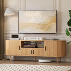 70" Fluted TV Stand, Mid Century Modern TV Stand for TVs up to 80", Entertainment Center with Storage, Adjustable Shelves, Wood Media Console for Living Room, Bedroom, Natural