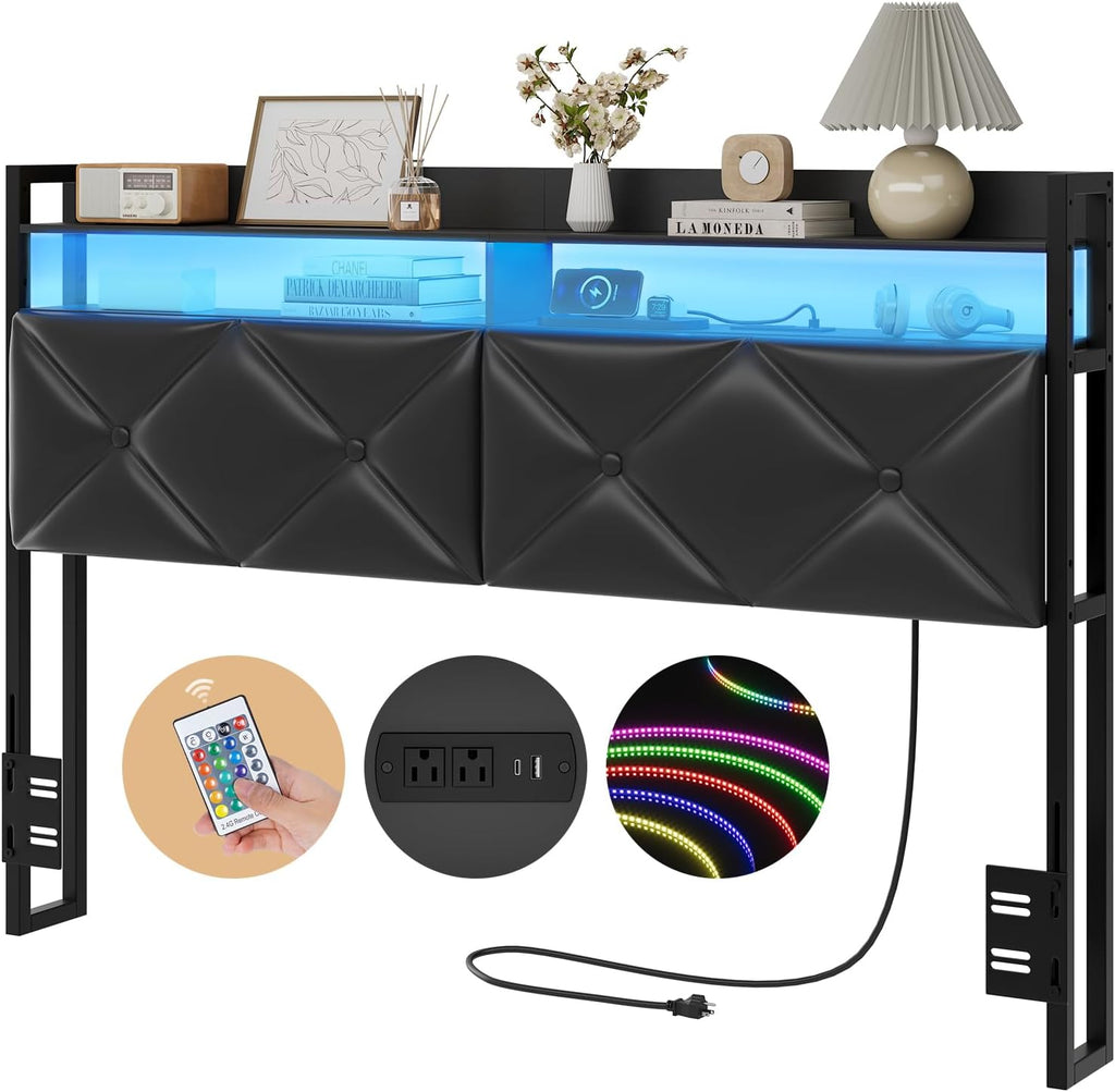 Headboard Queen Size with 2-Tier Open Storage and LED Light, Upholstered Headboard with Charging Station, Height Adjustable Sturdy Queen Bed Head Only for Dorm Bedroom, Easy Assembly, Black