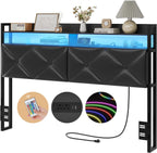 Headboard Queen Size with 2-Tier Open Storage and LED Light, Upholstered Headboard with Charging Station, Height Adjustable Sturdy Queen Bed Head Only for Dorm Bedroom, Easy Assembly, Black