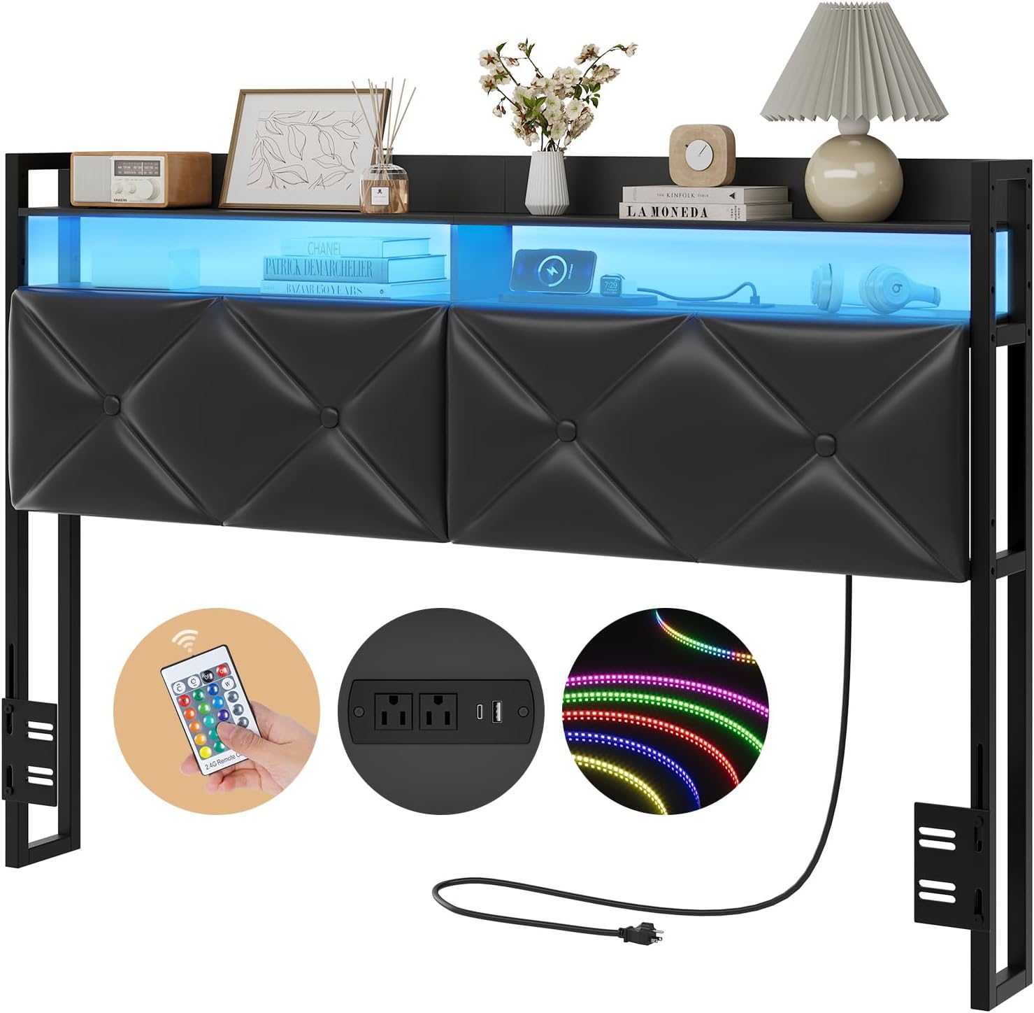 Headboard Queen Size with 2-Tier Open Storage and LED Light, Upholstered Headboard with Charging Station, Height Adjustable Sturdy Queen Bed Head Only for Dorm Bedroom, Easy Assembly, Black