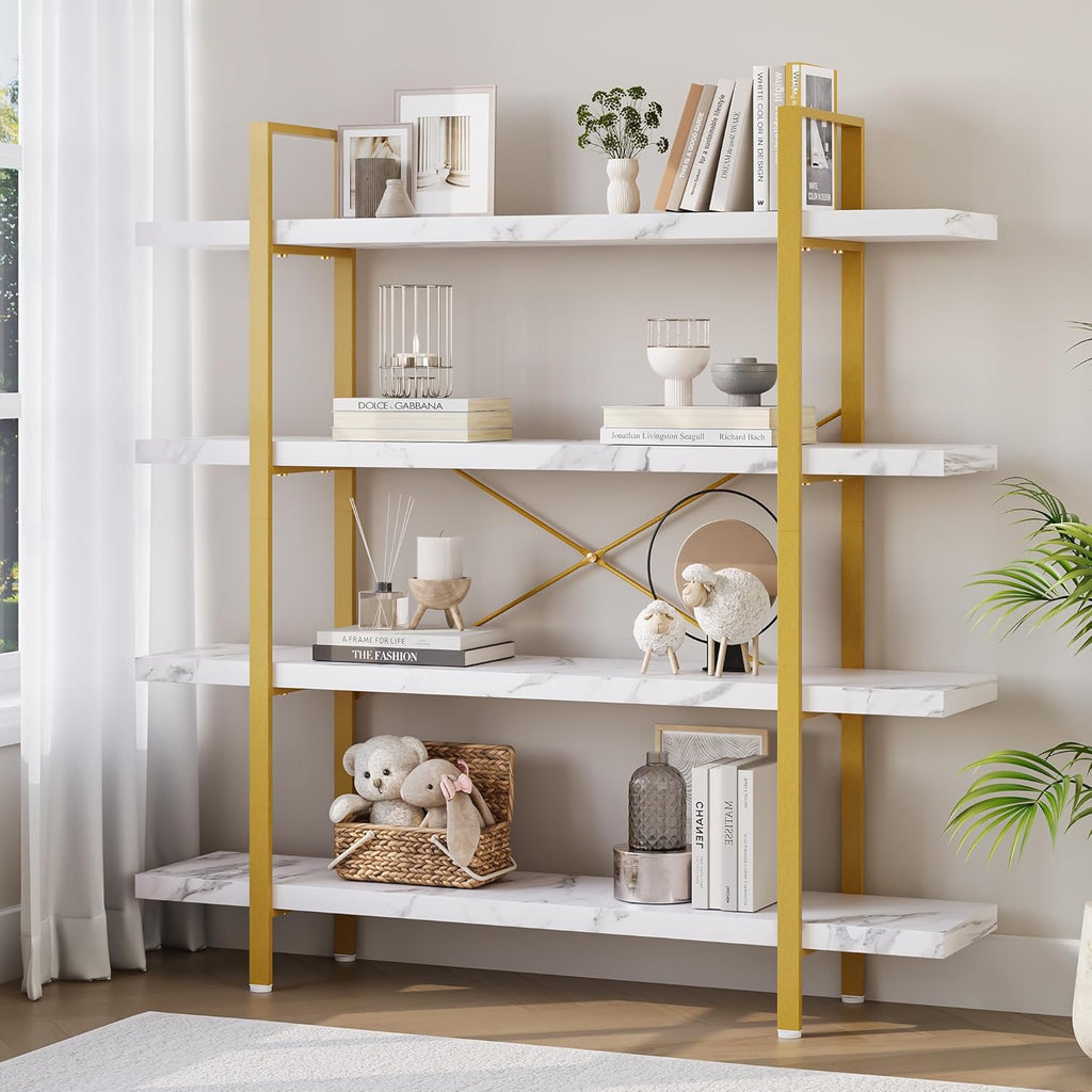 Heavy Duty 4-Tier Industrial Bookcase, 47" Wide Wood Bookshelf for Home Office, 120lbs Shelf Capacity, Shelving Display with Reinforced Horizontal Shelf for Living Room Bedroom,White