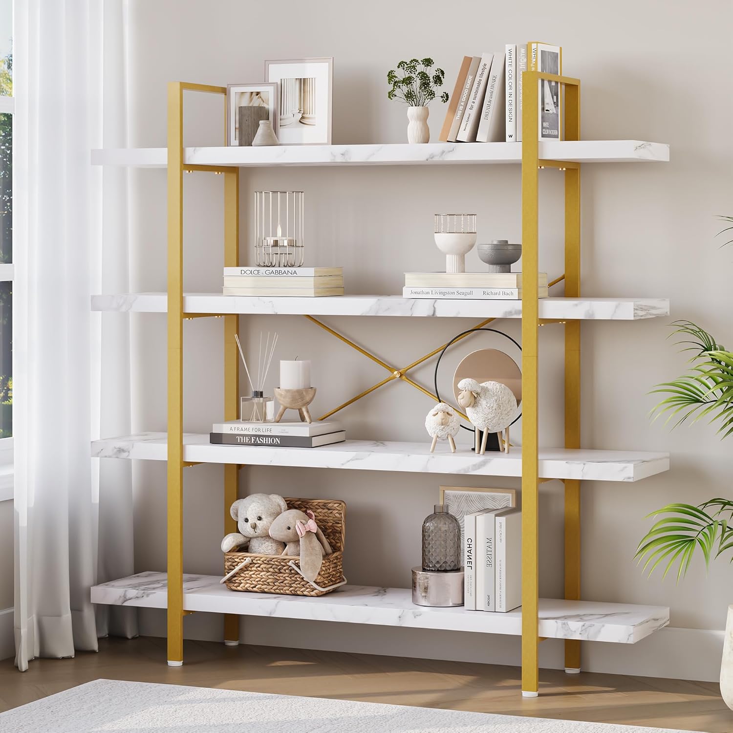 Heavy Duty 4-Tier Industrial Bookcase, 47" Wide Wood Bookshelf for Home Office, 120lbs Shelf Capacity, Shelving Display with Reinforced Horizontal Shelf for Living Room Bedroom,White