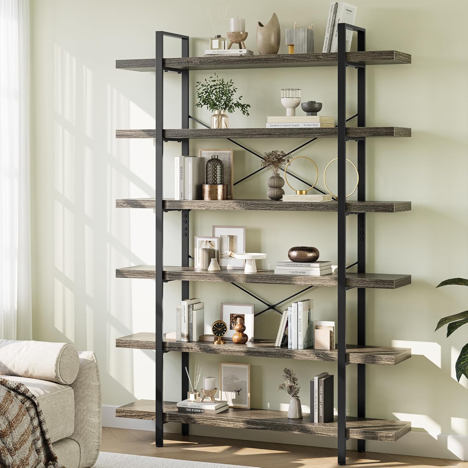 Heavy Duty 6-Tier Industrial Bookcase, 47" Wide Wood Bookshelf for Home Office, 120lbs Shelf Capacity, Rustic Open Shelving Display with Reinforced Horizontal Shelf for Living Room Bedroom, Grey