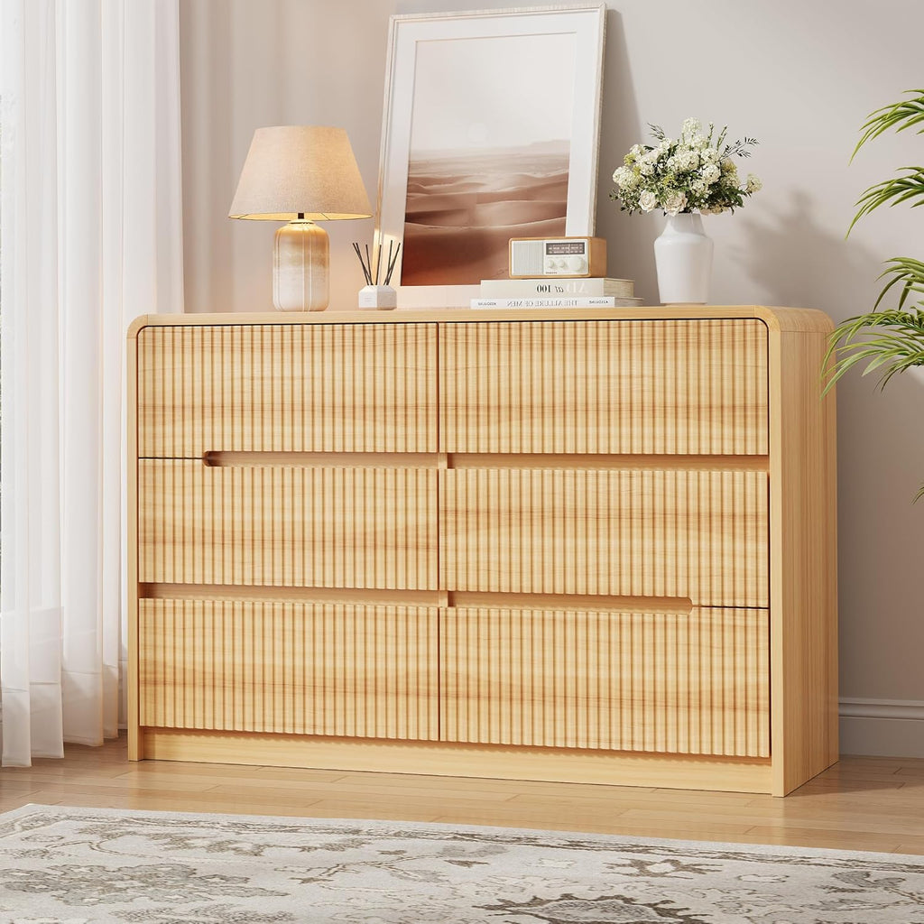 Fluted Dresser for Bedroom, 6 Drawer Dressers for Closet 48" Wide Large Wood Dresser Modern TV Stand, Wooden Clothes Storage Organizer Chest of Drawers for Living Room Hallway Entryway