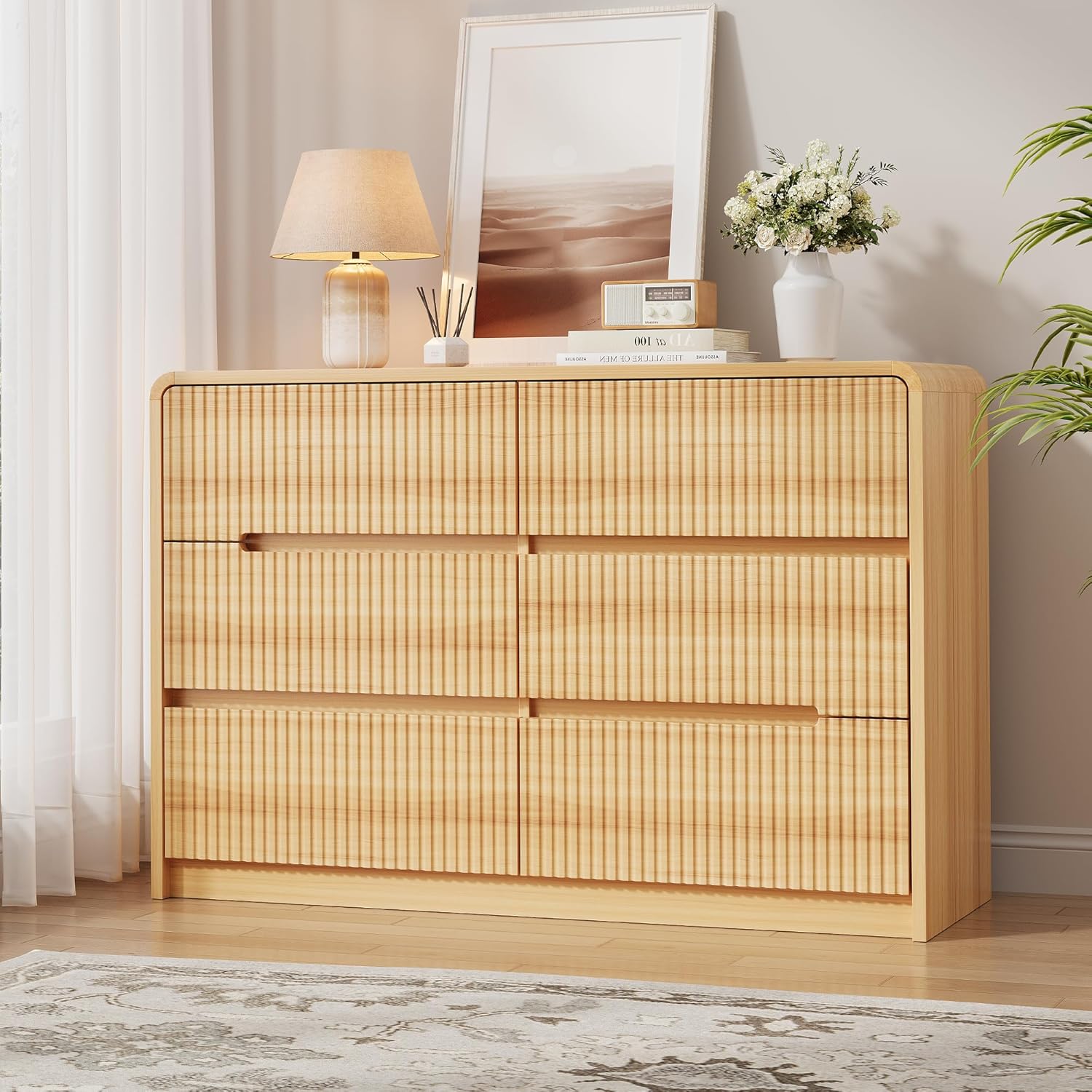 Fluted Dresser for Bedroom, 6 Drawer Dressers for Closet 48" Wide Large Wood Dresser Modern TV Stand, Wooden Clothes Storage Organizer Chest of Drawers for Living Room Hallway Entryway