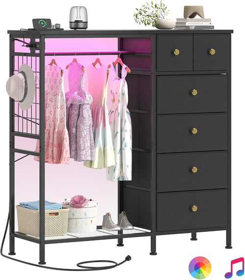 47.2" Black Dresser with Hanging Rack, 2 in 1 Bedroom 6 Drawers Dresser with LED Lights & Charging Station, Wooden Dressers with Fabric Drawers and Clothing Rack for Girls, Kids