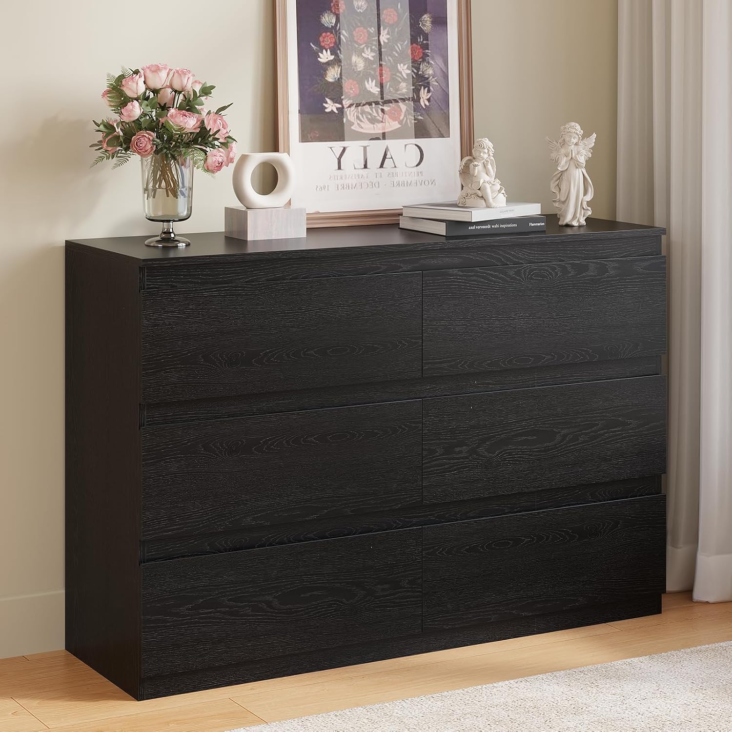 Black Wood Dresser, 6 Drawer Dressers for Clothes Storage for Bedroom, Modern Dresser with Wide Drawers, Wide Wooden Chest Drawers for Living Room|Entryway|TV Stand(47" W x15.4 Dx32.3 H)