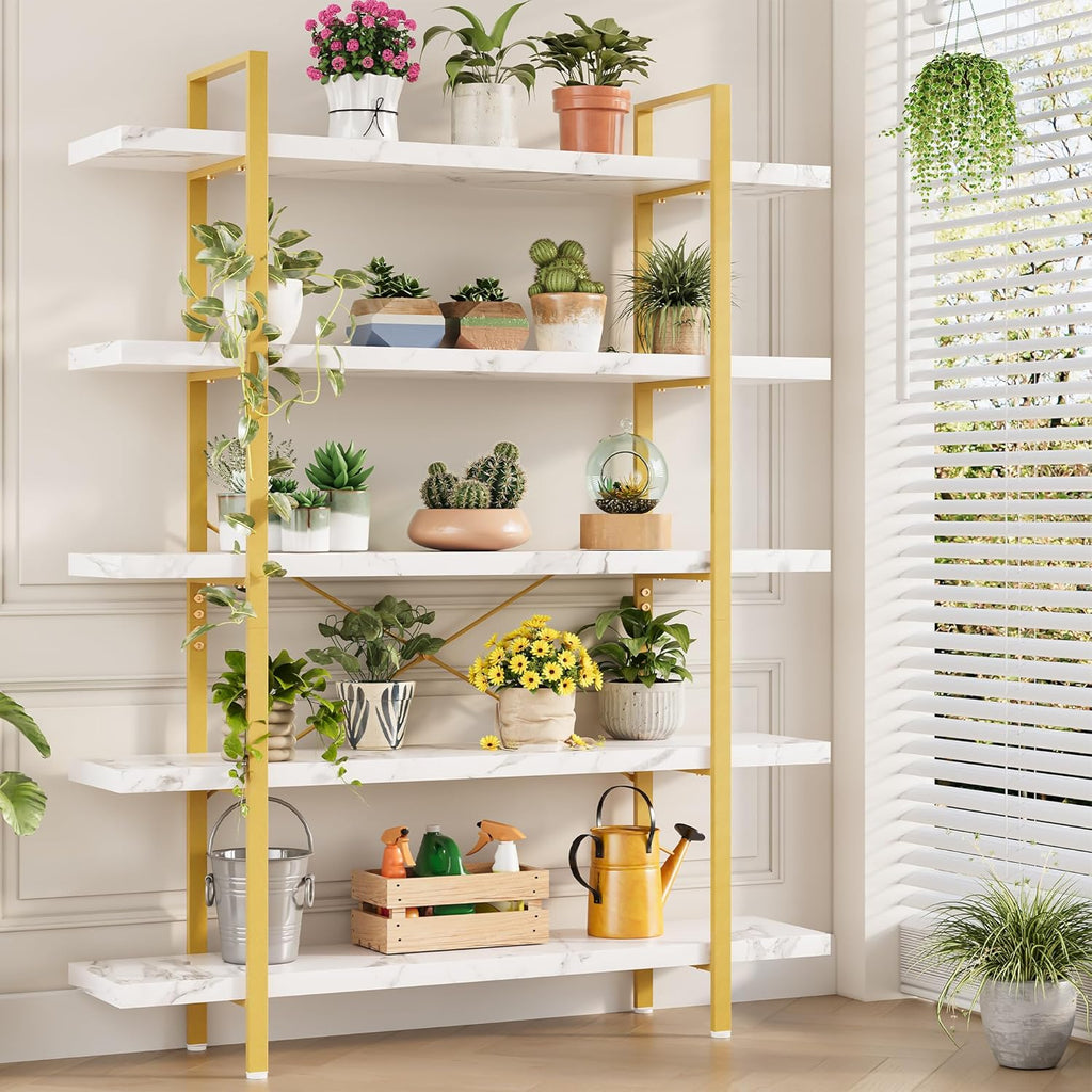 Heavy Duty 5-Tier Industrial Bookcase, 47" Wide Wood Bookshelf for Home Office, 120lbs Shelf Capacity, Shelving Display with Reinforced Horizontal Shelf for Living Room Bedroom,White