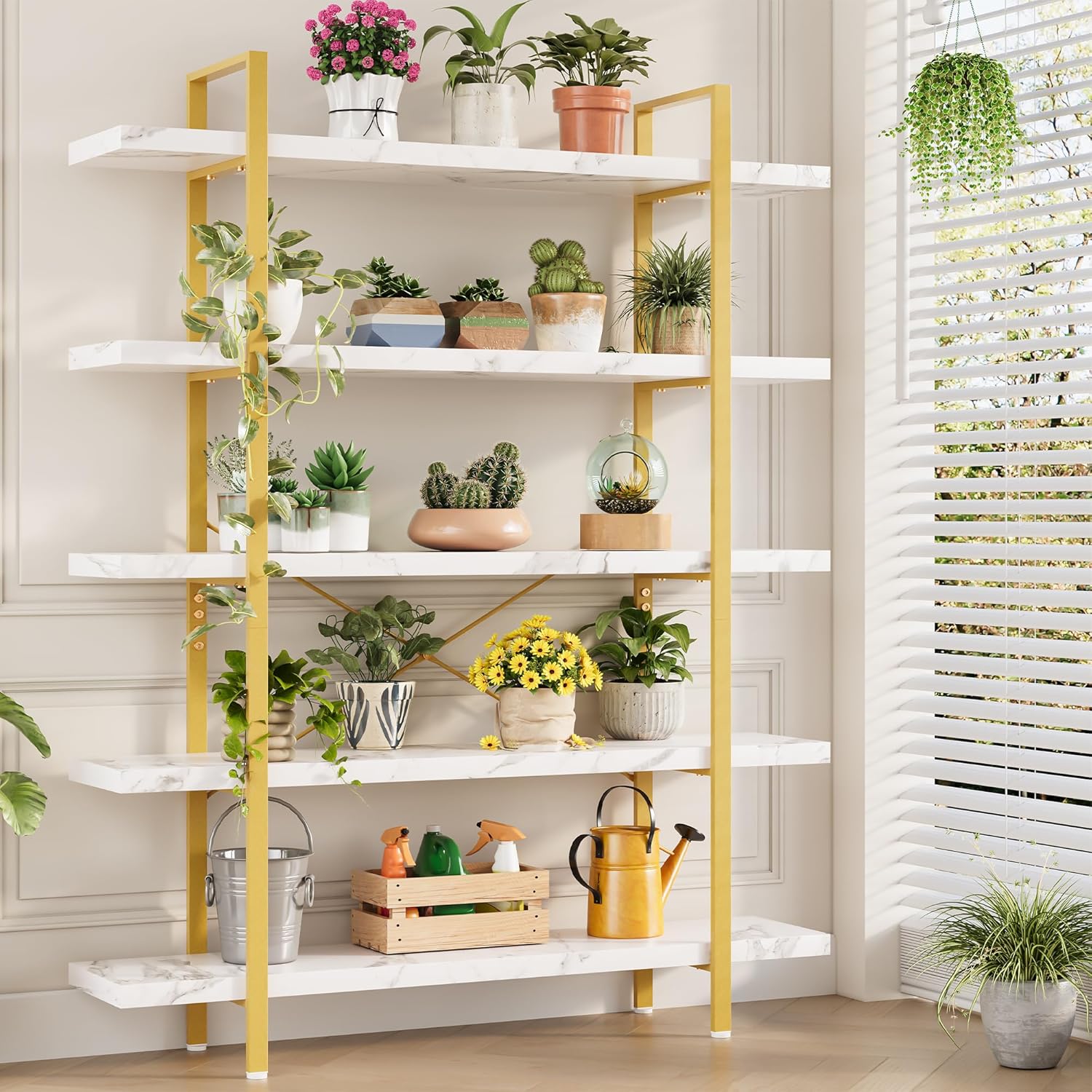Heavy Duty 5-Tier Industrial Bookcase, 47" Wide Wood Bookshelf for Home Office, 120lbs Shelf Capacity, Shelving Display with Reinforced Horizontal Shelf for Living Room Bedroom,White