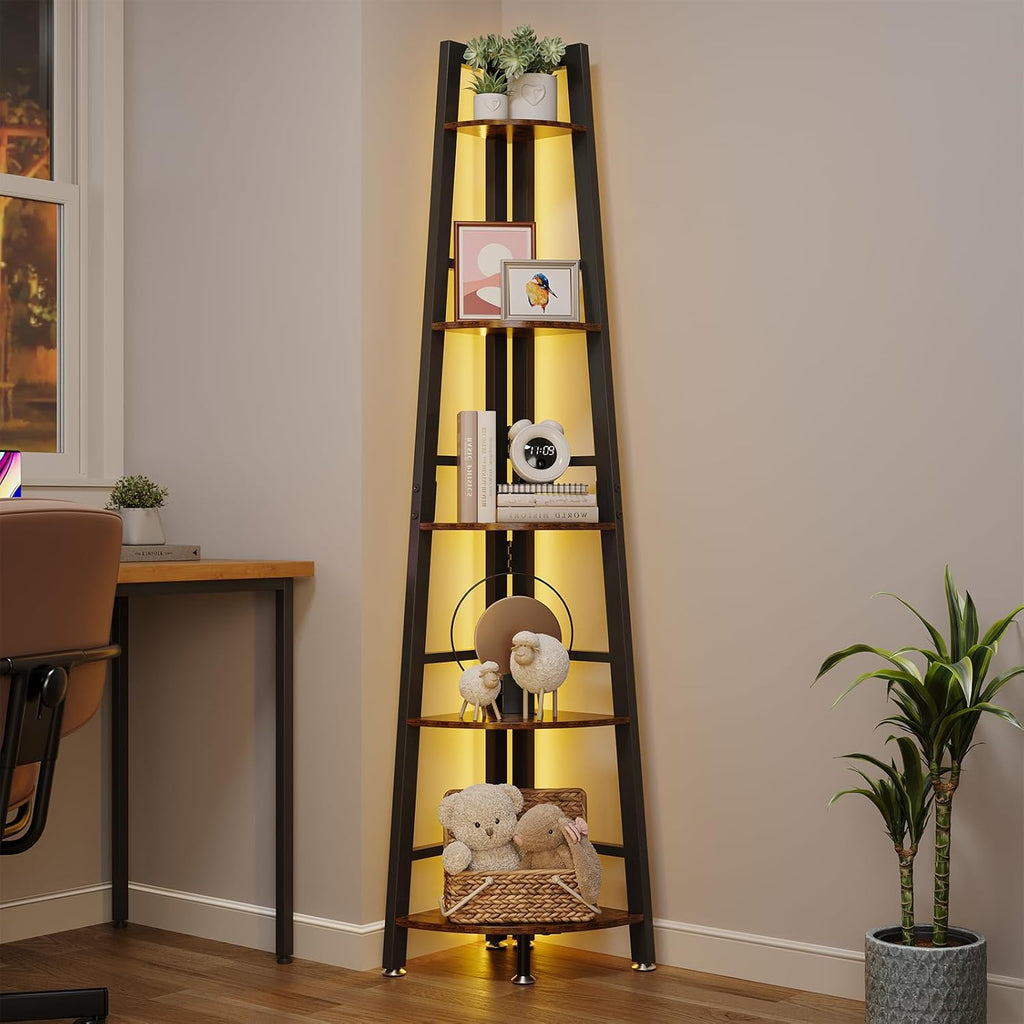 5-Tier Corner Shelf with LED Light, 70 Inch Display Shelf for Living Room, Bedroom, Bookshelf, Industrial Shelf, Plant Shelf (Rustic Brown, Ladder Corner Shelf)