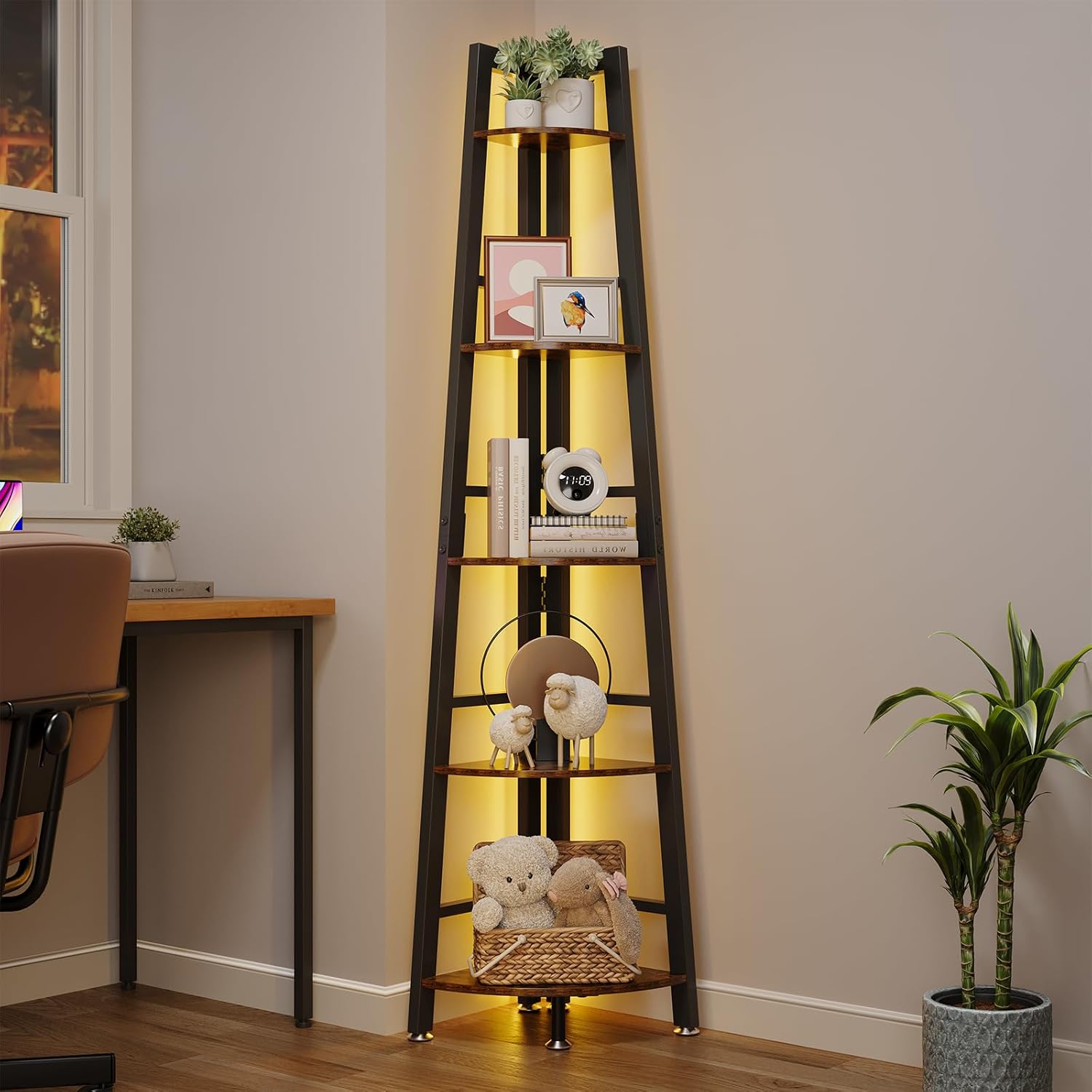 5-Tier Corner Shelf with LED Light, 70 Inch Display Shelf for Living Room, Bedroom, Bookshelf, Industrial Shelf, Plant Shelf (Rustic Brown, Ladder Corner Shelf)