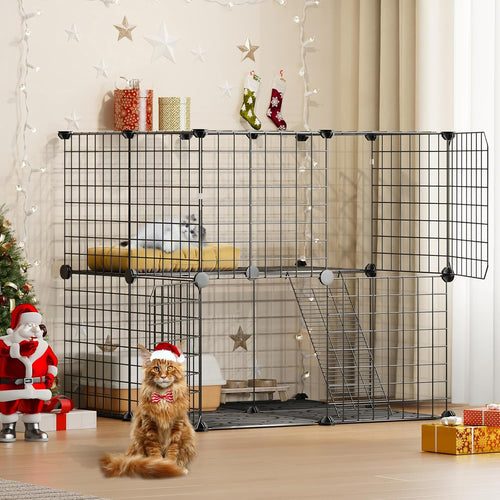 2 Tier Cat Cage with Climbing Ladder, Detachable Metal Wire Cat Kennels for Indoor Cats, DIY Cat Crate for Ferret, Squirrel and Small Animals, Black