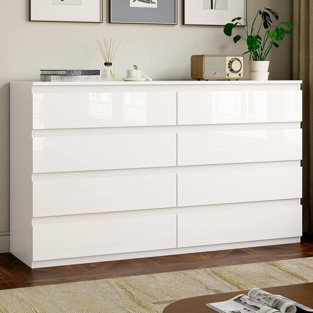 White Wood Dresser for Bedroom, 8 Drawer Dressers for Clothes Storage, Modern Dresser with Wide Drawers, Wide Wooden Chest Drawers for Living Room, Entryway, TV Stand(55" W x15.4 Dx32.3 H)