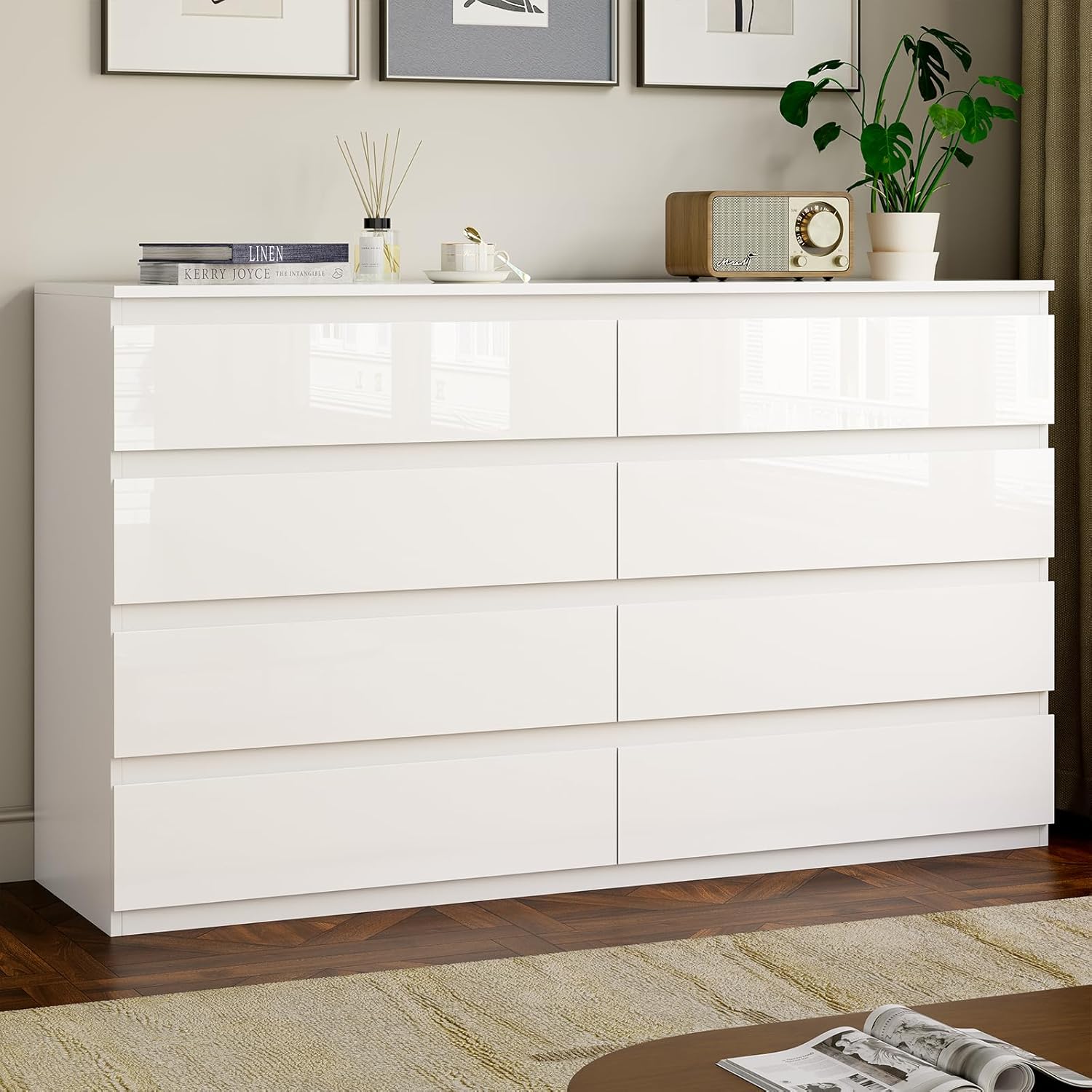 White Wood Dresser for Bedroom, 8 Drawer Dressers for Clothes Storage, Modern Dresser with Wide Drawers, Wide Wooden Chest Drawers for Living Room, Entryway, TV Stand(55" W x15.4 Dx32.3 H)