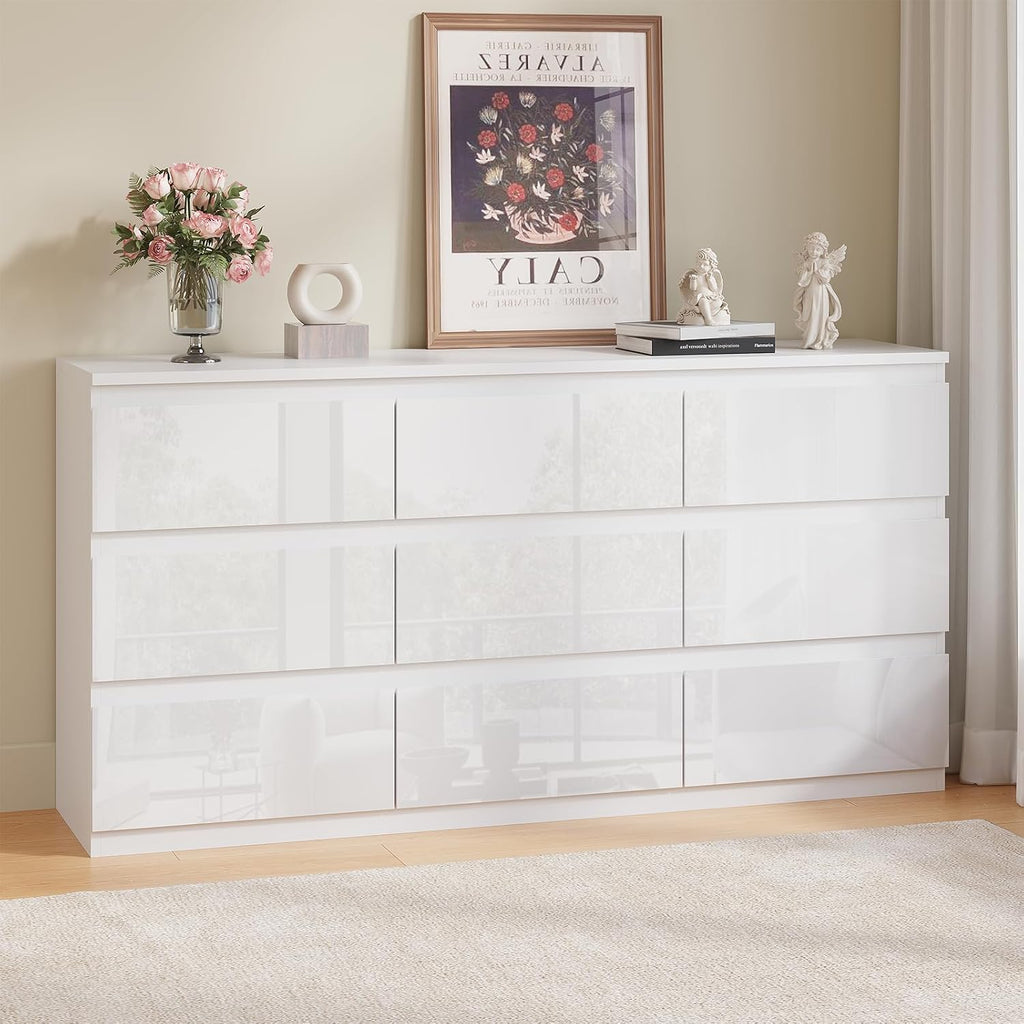 White Wood Dresser for Bedroom, 9 Drawer Clothes Storage | Modern, Handle-Free, High Gloss, Wooden Drawers, 55" long, for Living Room, Entryway, TV Stand