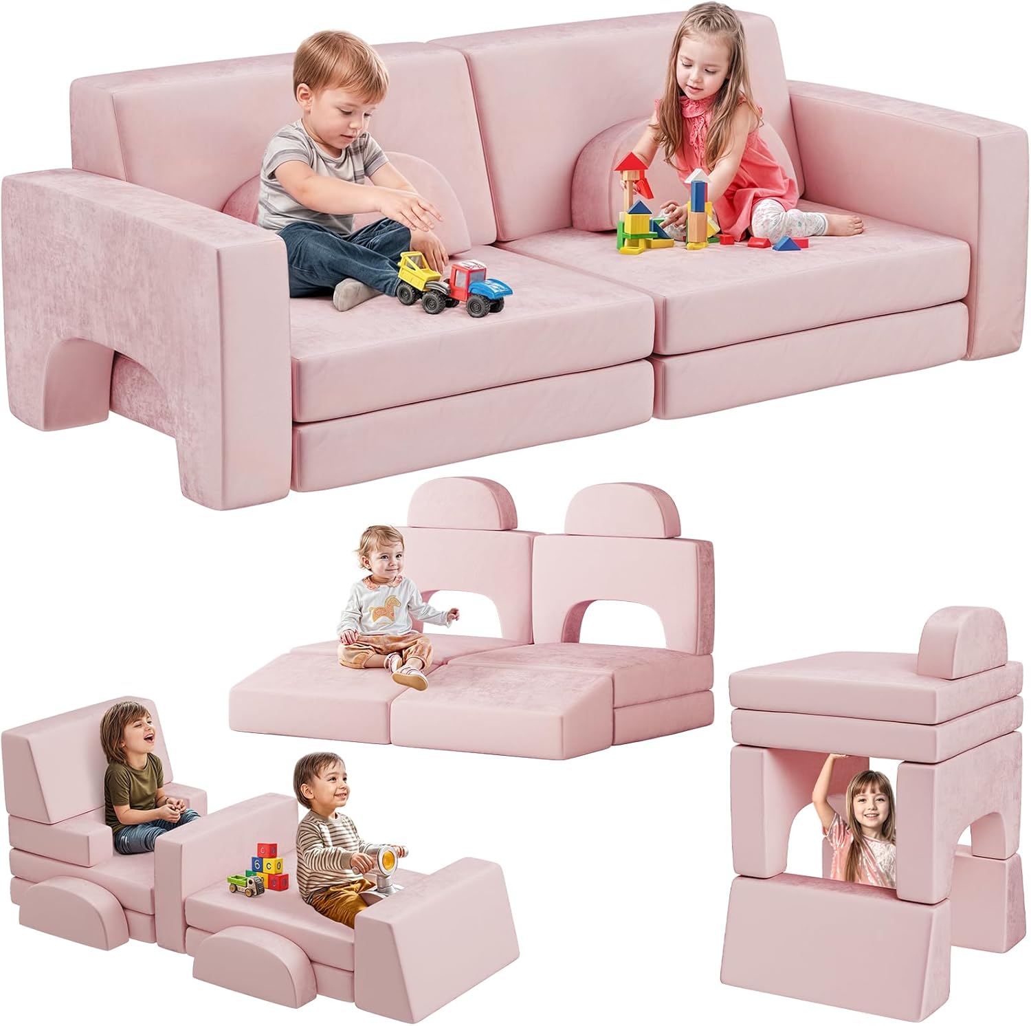 Modular Kids Play Couch, 10PCS Nugget Couch Kids for Boys and Girls, Child Sectional Sofa Versatile Kid Sofa for Playroom, Bedroom, Classroom, Pink