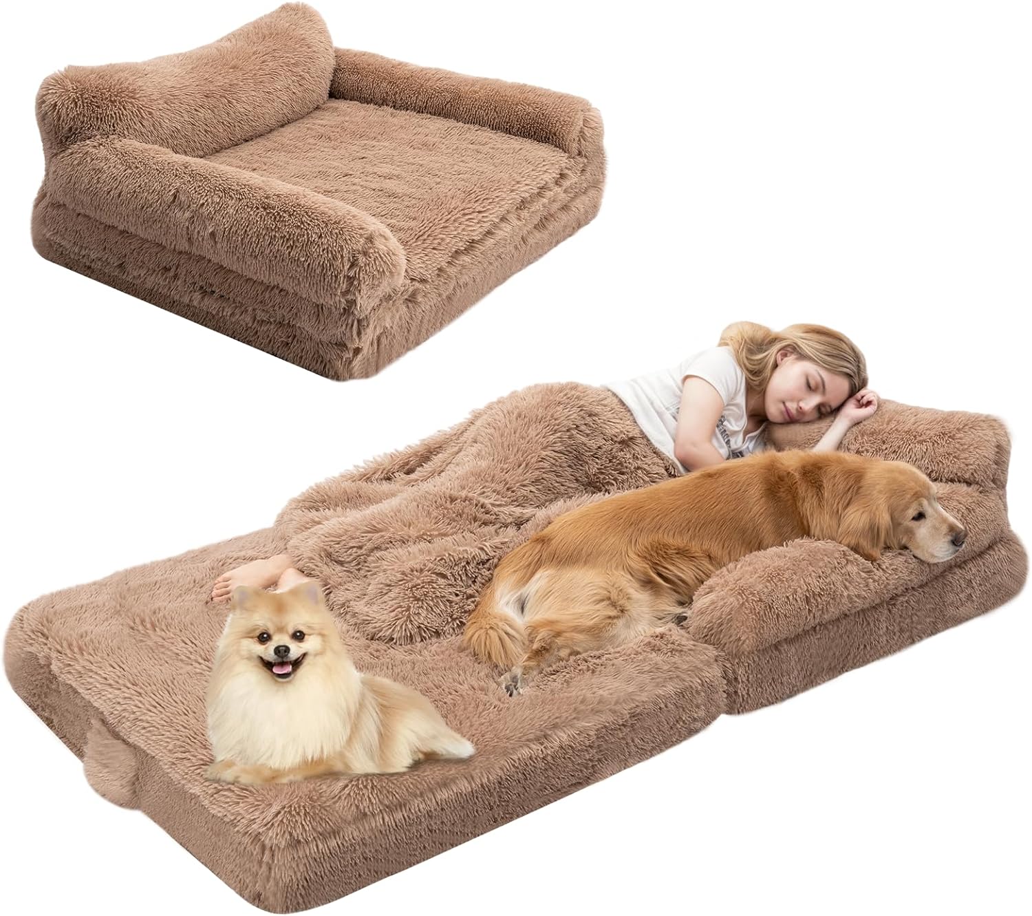 79" Foldable Human Dog Bed for Adults, Fluffy Faux Fur with Blanket, Orthopedic Washable Dog Bed with Memory Foam and Water Repellent Liner Extra Large Thick for Pet (Brown)