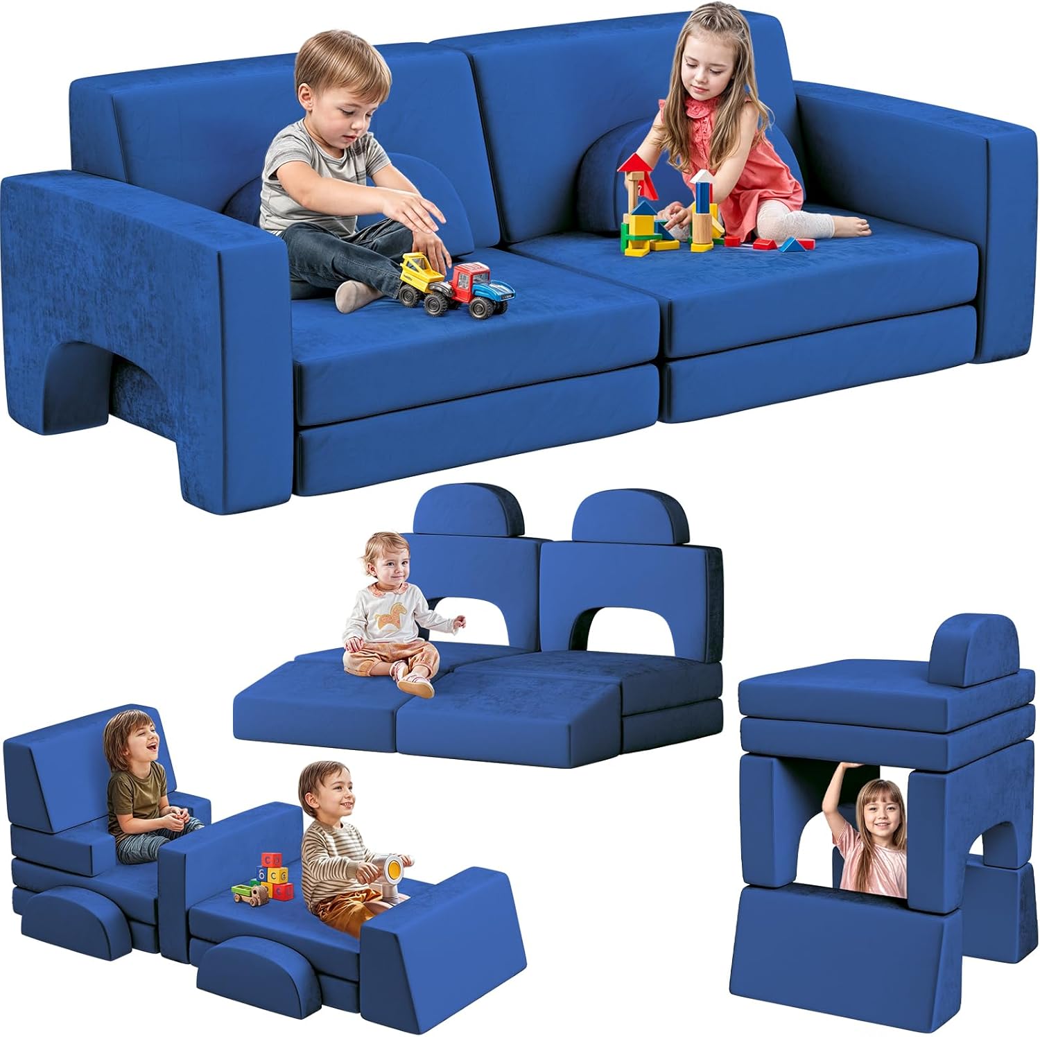 Modular Kids Play Couch, 10PCS Nugget Couch Kids for Boys and Girls, Child Sectional Sofa Versatile Kid Sofa for Playroom, Bedroom, Classroom, Navy Blue