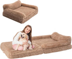 57" Foldable Human Dog Bed for Kids, Fluffy Faux Fur, Orthopedic Washable Dog Bed with Memory Foam and Water Repellent Liner Thick for Pet Installation Free (Brown)