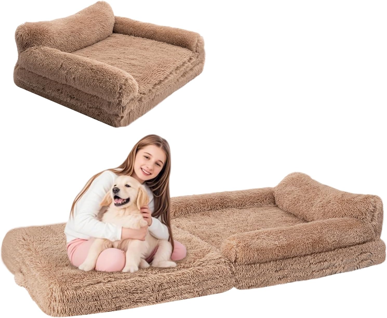 57" Foldable Human Dog Bed for Kids, Fluffy Faux Fur, Orthopedic Washable Dog Bed with Memory Foam and Water Repellent Liner Thick for Pet Installation Free (Brown)