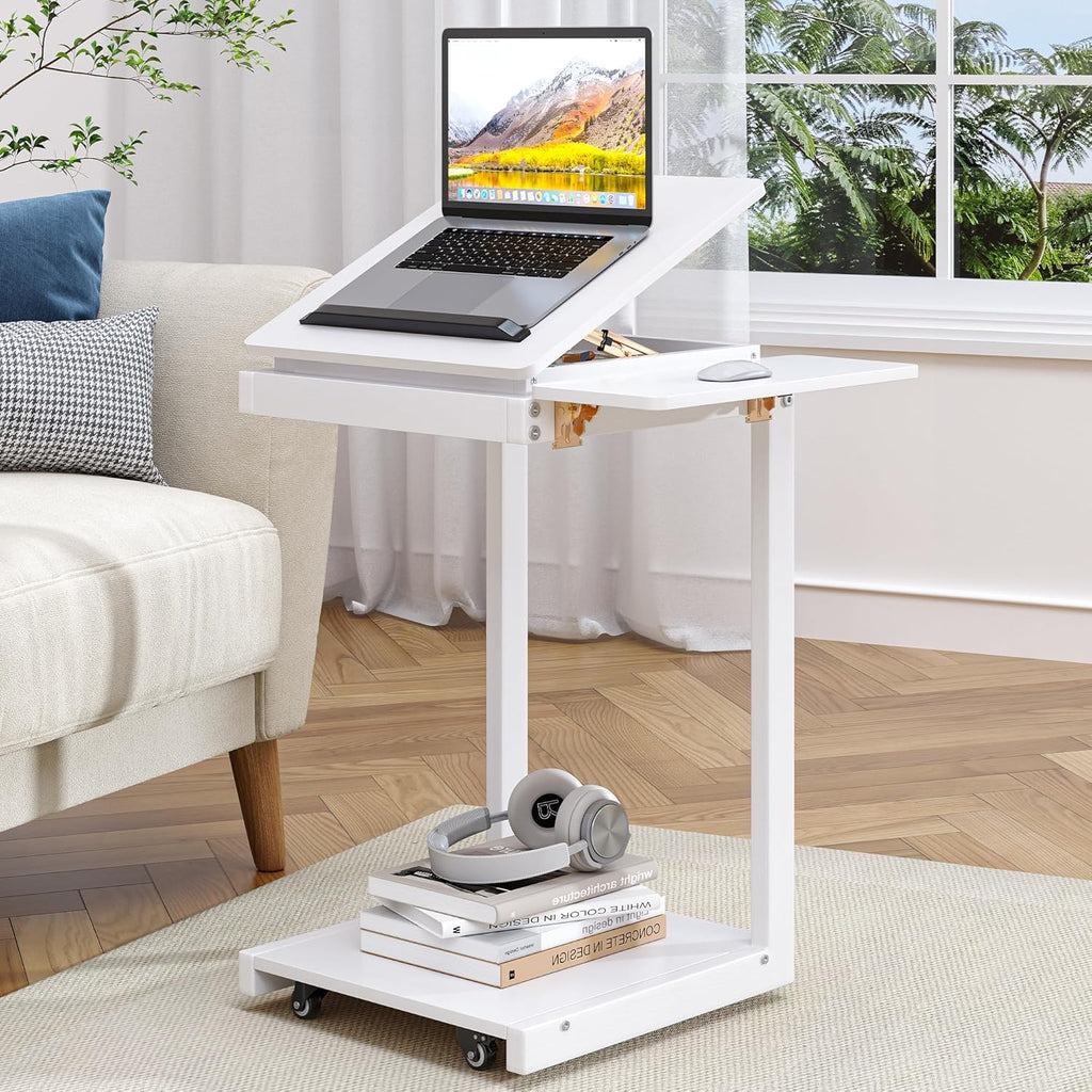 C Shaped End Table, Rolling Side Table with 4-Way Convertible Desktop, Wooden C Table with Multi-functional Folding Tray & Lockable Wheels, Side Table for Couch, Living Room, Bedroom, White