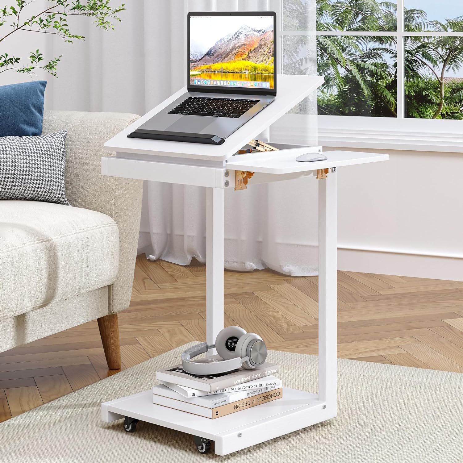 C Shaped End Table, Rolling Side Table with 4-Way Convertible Desktop, Wooden C Table with Multi-functional Folding Tray & Lockable Wheels, Side Table for Couch, Living Room, Bedroom, White