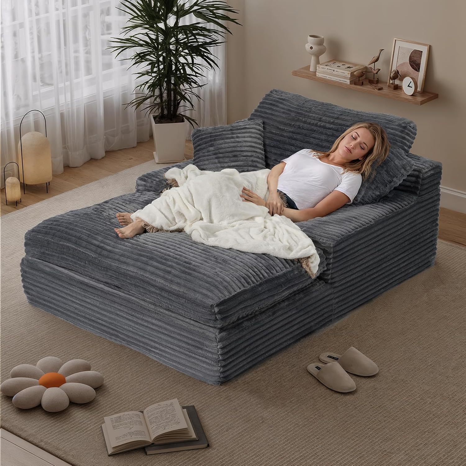 Oversized Chaise Lounge Chair, 57.5'' Deep Seat with 6'' Thick Cushion, Upholstered Sleeper Sofa with Pillows, Comfy Lounge Chair for Tall Adults, Living Room or Bedroom(Grey)