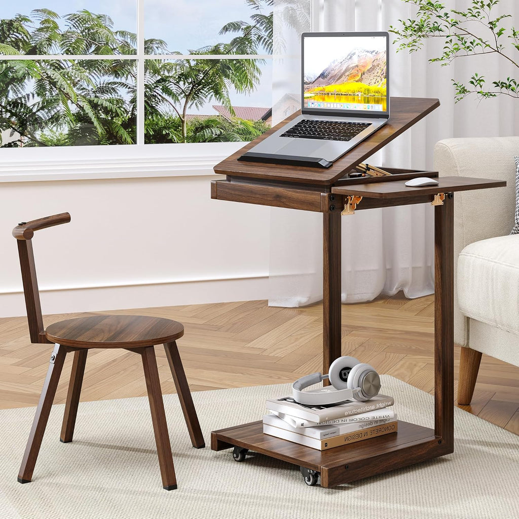 C Shaped End Table, Rolling Side Table with 4-Way Convertible Desktop, Wooden C Table with Multi-Functional Folding Tray & Small Chair, Side Table for Couch, Living Room, Bedroom, Walnut