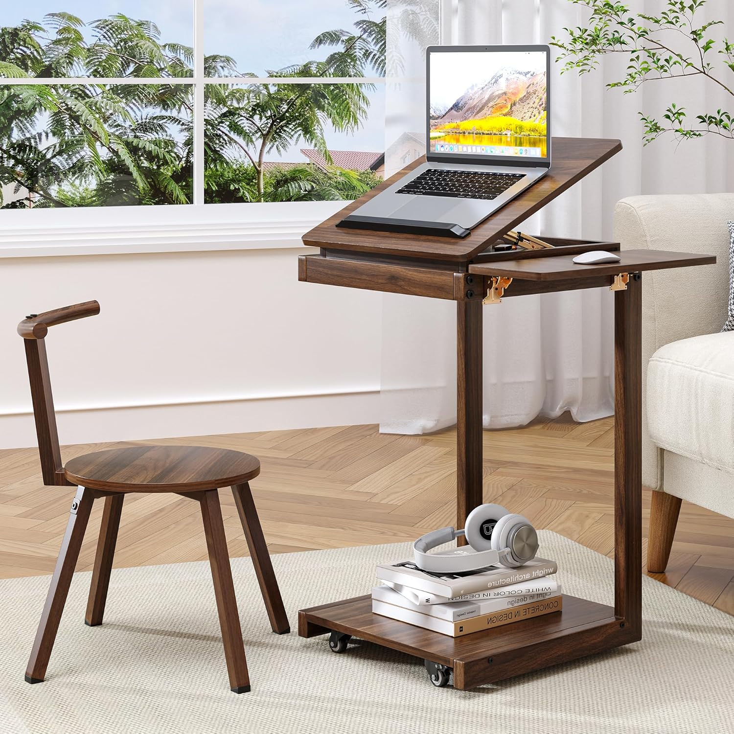 C Shaped End Table, Rolling Side Table with 4-Way Convertible Desktop, Wooden C Table with Multi-Functional Folding Tray & Small Chair, Side Table for Couch, Living Room, Bedroom, Walnut