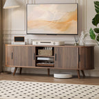62" Fluted TV Stand, Mid Century Modern TV Stand for TVs up to 70", Entertainment Center with Storage, Sliding Doors, Adjustable Shelf, Wood Media Console for Living Room, Bedroom, Walnut