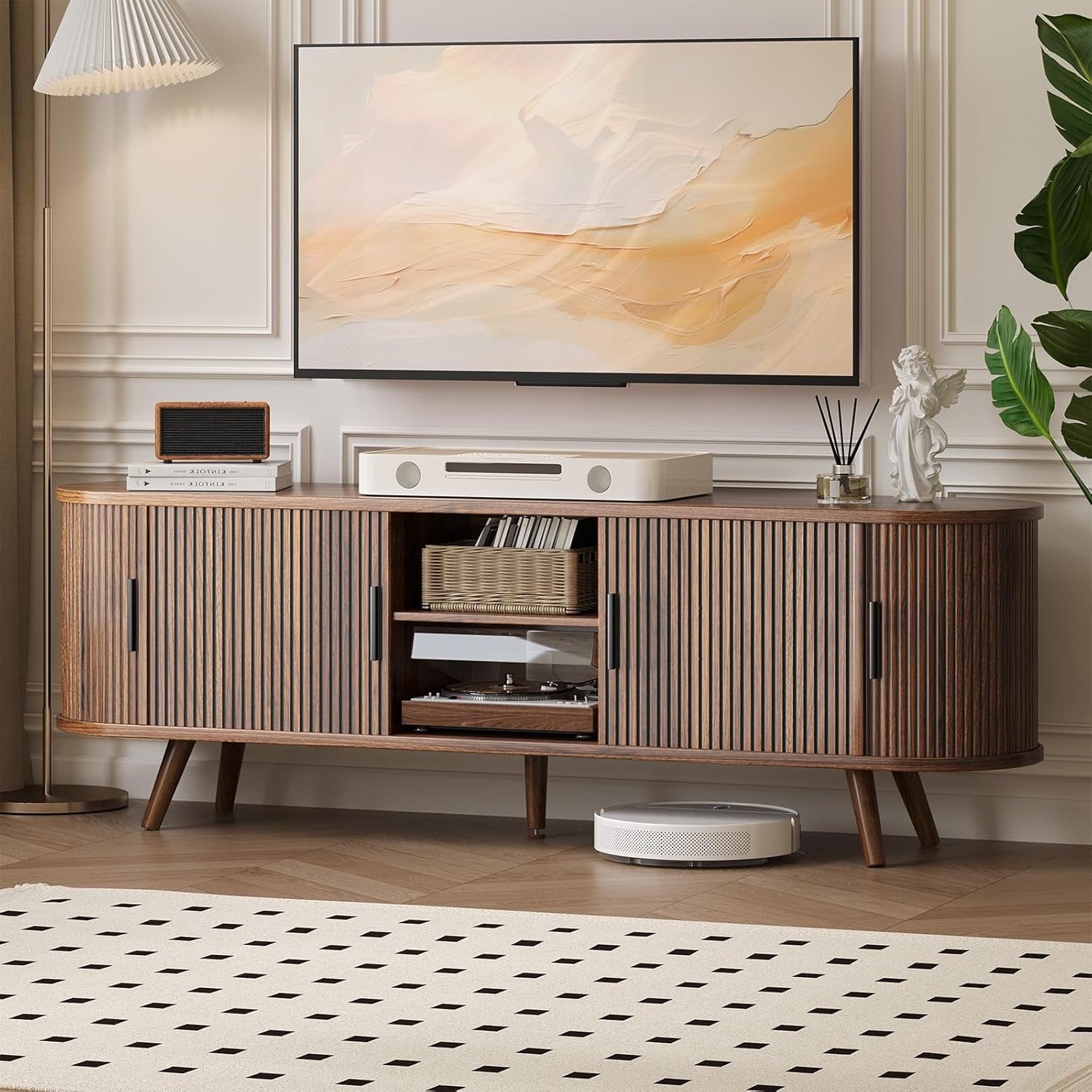 62" Fluted TV Stand, Mid Century Modern TV Stand for TVs up to 70", Entertainment Center with Storage, Sliding Doors, Adjustable Shelf, Wood Media Console for Living Room, Bedroom, Walnut