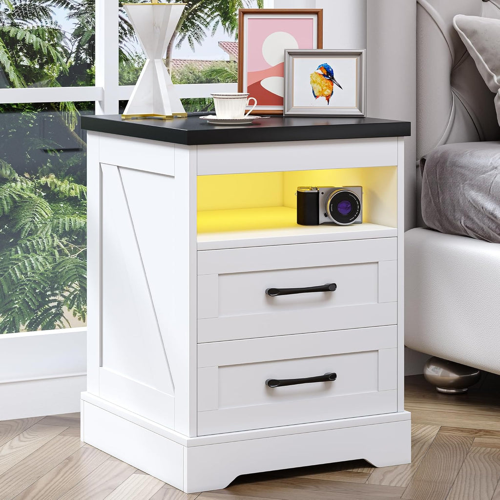 Farmhouse Nightstand with LED Lights and Built-in Power Outlets & USB Ports, Bedside Table with 2 Drawers and Open Storage Shelf, End Table for Bedroom, White