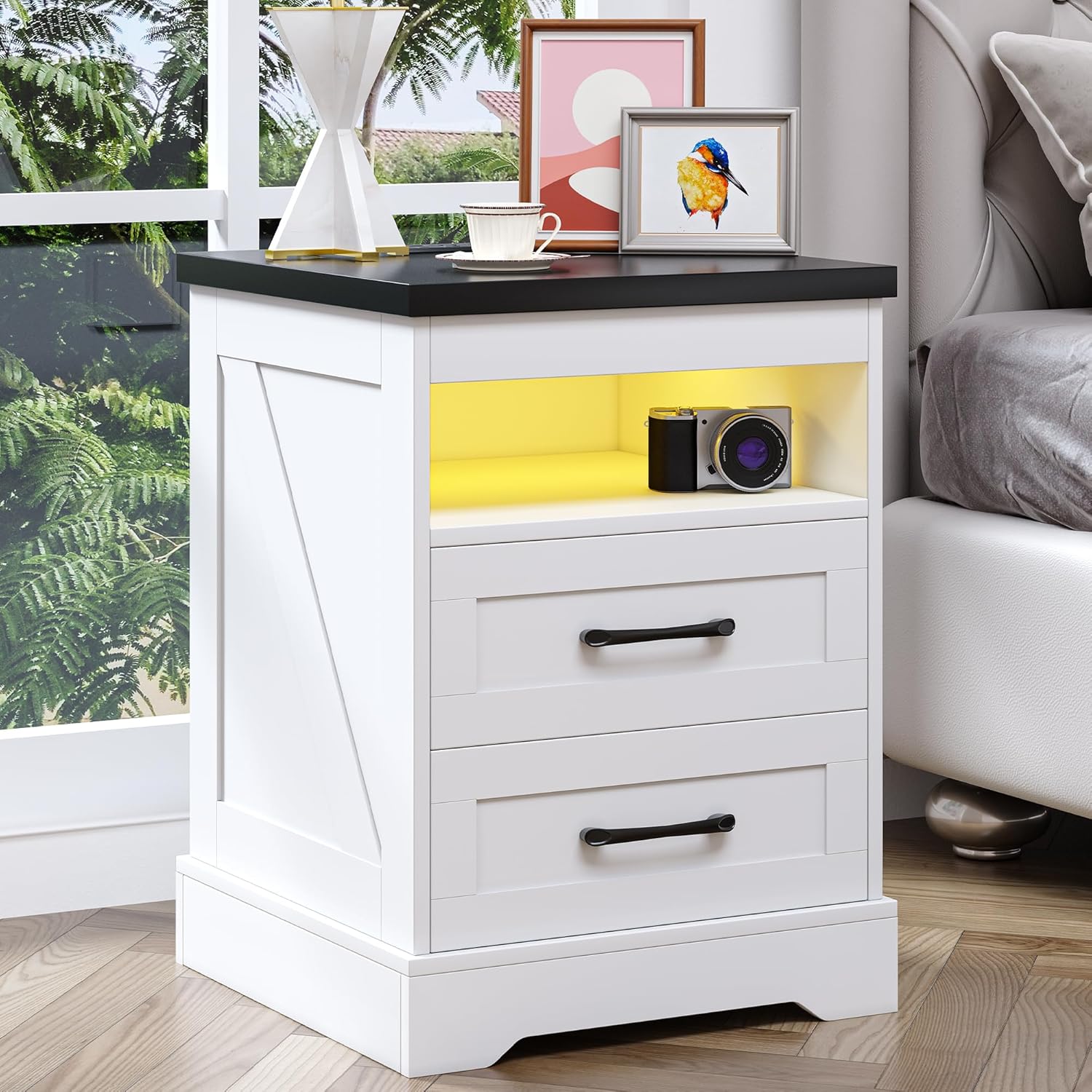 Farmhouse Nightstand with LED Lights and Built-in Power Outlets & USB Ports, Bedside Table with 2 Drawers and Open Storage Shelf, End Table for Bedroom, White