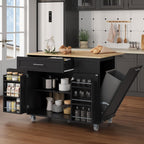 Kitchen Island with Storage, 31.5" D Rolling Kitchen Cart on Wheels with Widen Drop Leaf Rubberwood Top, Large Mobile Kitchen Island with Trash Can Storage and Towel Bar, Black