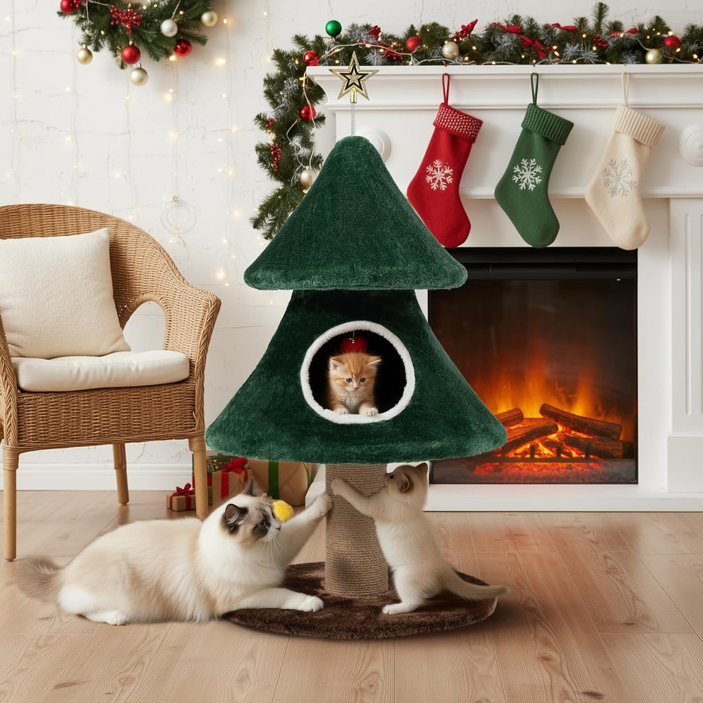 39" Christmas Cat Tree with Cat House, Scratching Post, Cat Furniture with Interactive Toy for Christmas Decoration (Small)