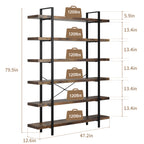 Heavy Duty 6-Tier Industrial Bookcase, 47" Wide Wood Bookshelf for Home Office, 120lbs Shelf Capacity, Rustic Open Shelving Display with Reinforced Horizontal Shelf for Living Room Bedroom