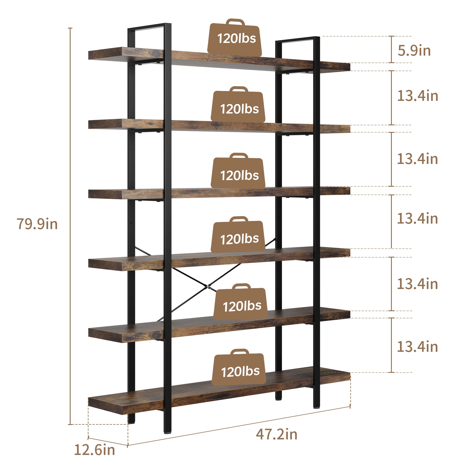 Heavy Duty 6-Tier Industrial Bookcase, 47" Wide Wood Bookshelf for Home Office, 120lbs Shelf Capacity, Rustic Open Shelving Display with Reinforced Horizontal Shelf for Living Room Bedroom